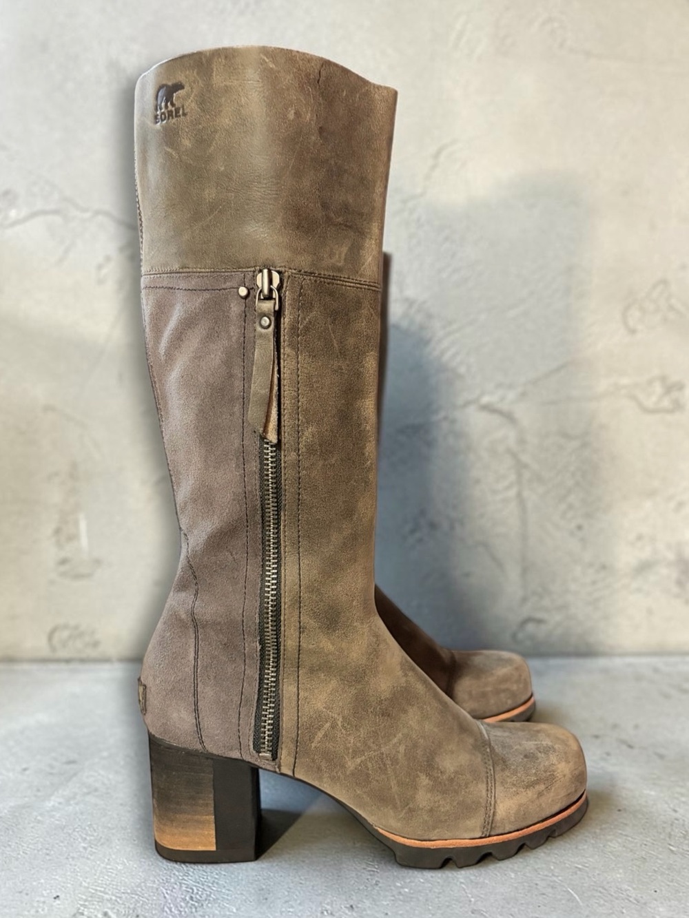 Sorel Addington Waterproof Tall Knee High Heeled Zip Up Boots Taupe Brown
